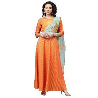 Ahalyaa Women Orange & Gold Ethnic Kurta saree Dress at Rs.1138